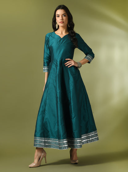 Women's  Teal Solid Silk Anarkali Party Kurta