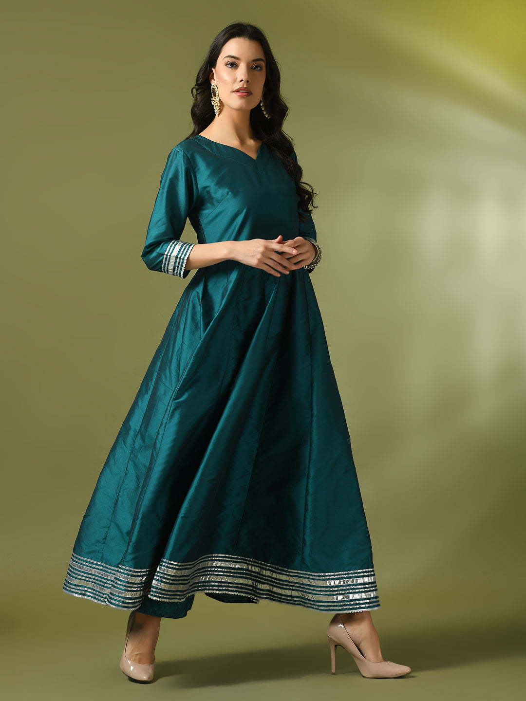 Women's  Teal Solid Silk Anarkali Party Kurta
