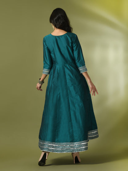 Women's  Teal Solid Silk Anarkali Party Kurta
