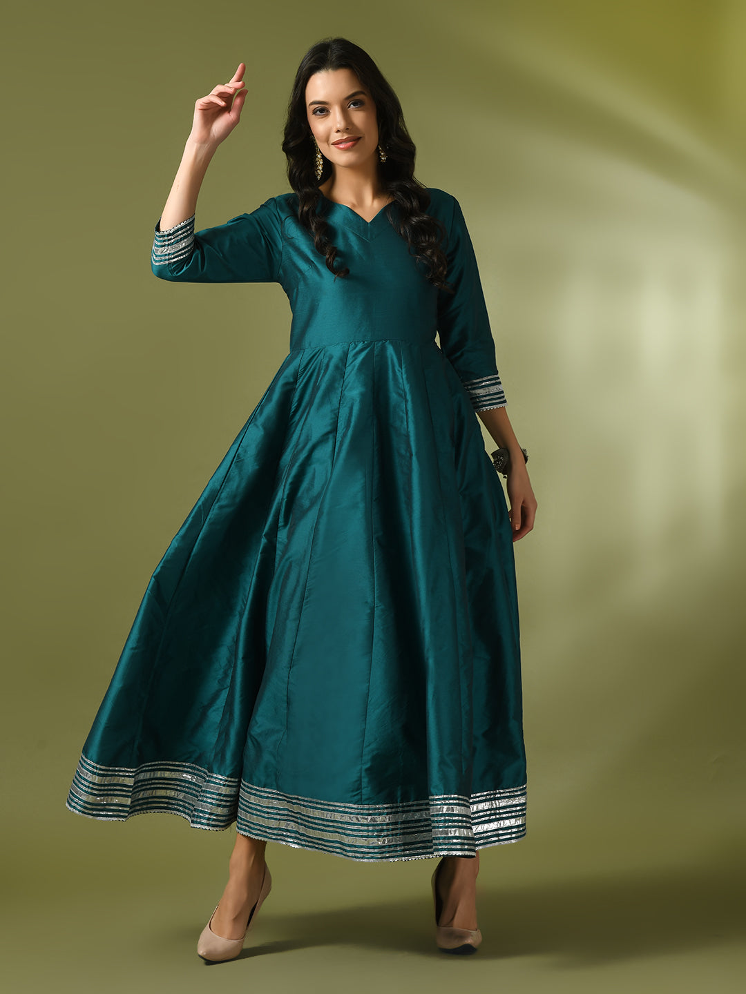 Women's  Teal Solid Silk Anarkali Party Kurta