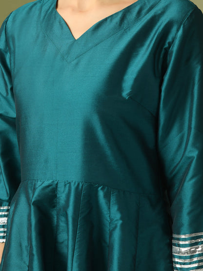 Women's  Teal Solid Silk Anarkali Party Kurta