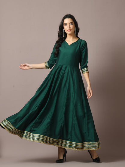 Women's  Green Solid Silk Anarkali Party Kurta