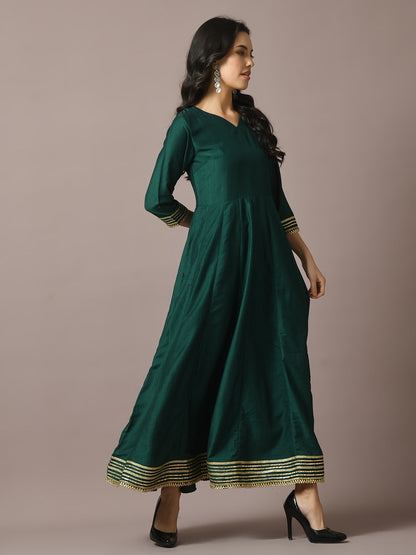 Women's  Green Solid Silk Anarkali Party Kurta