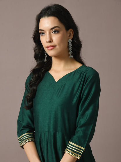 Women's  Green Solid Silk Anarkali Party Kurta