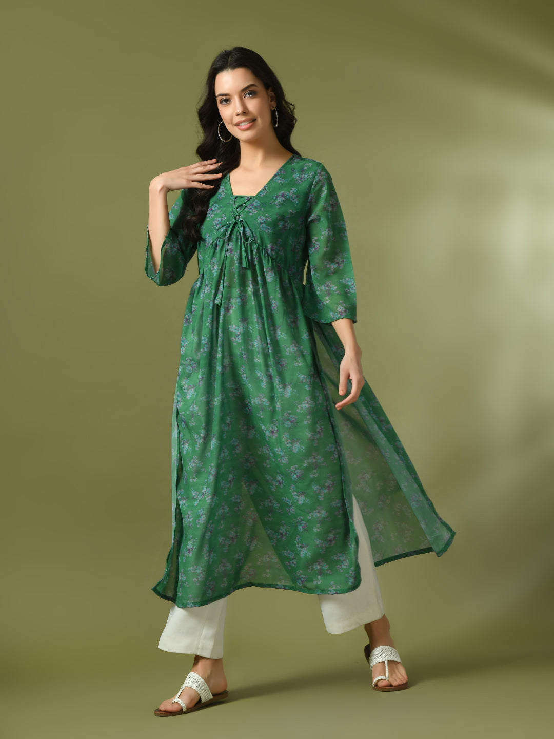 Women's  Green Printed Georgette A-Line Nyra-Cut Kurta
