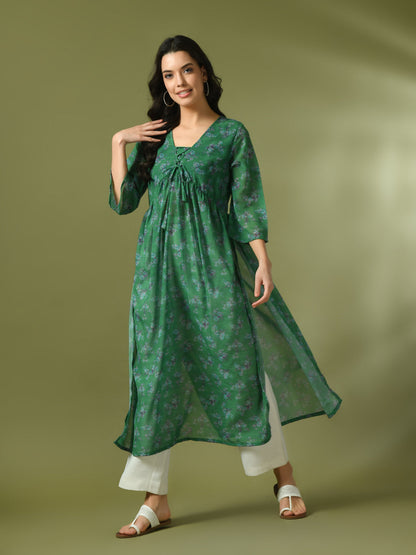 Women's  Green Printed Georgette A-Line Nyra-Cut Kurta