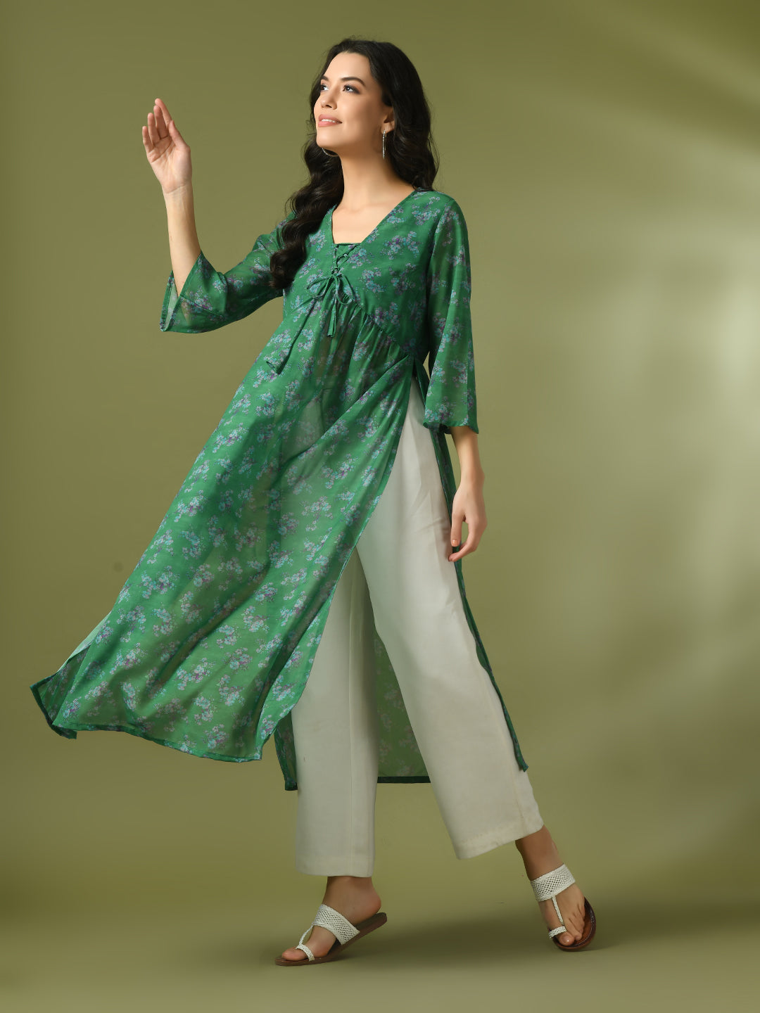 Women's  Green Printed Georgette A-Line Nyra-Cut Kurta