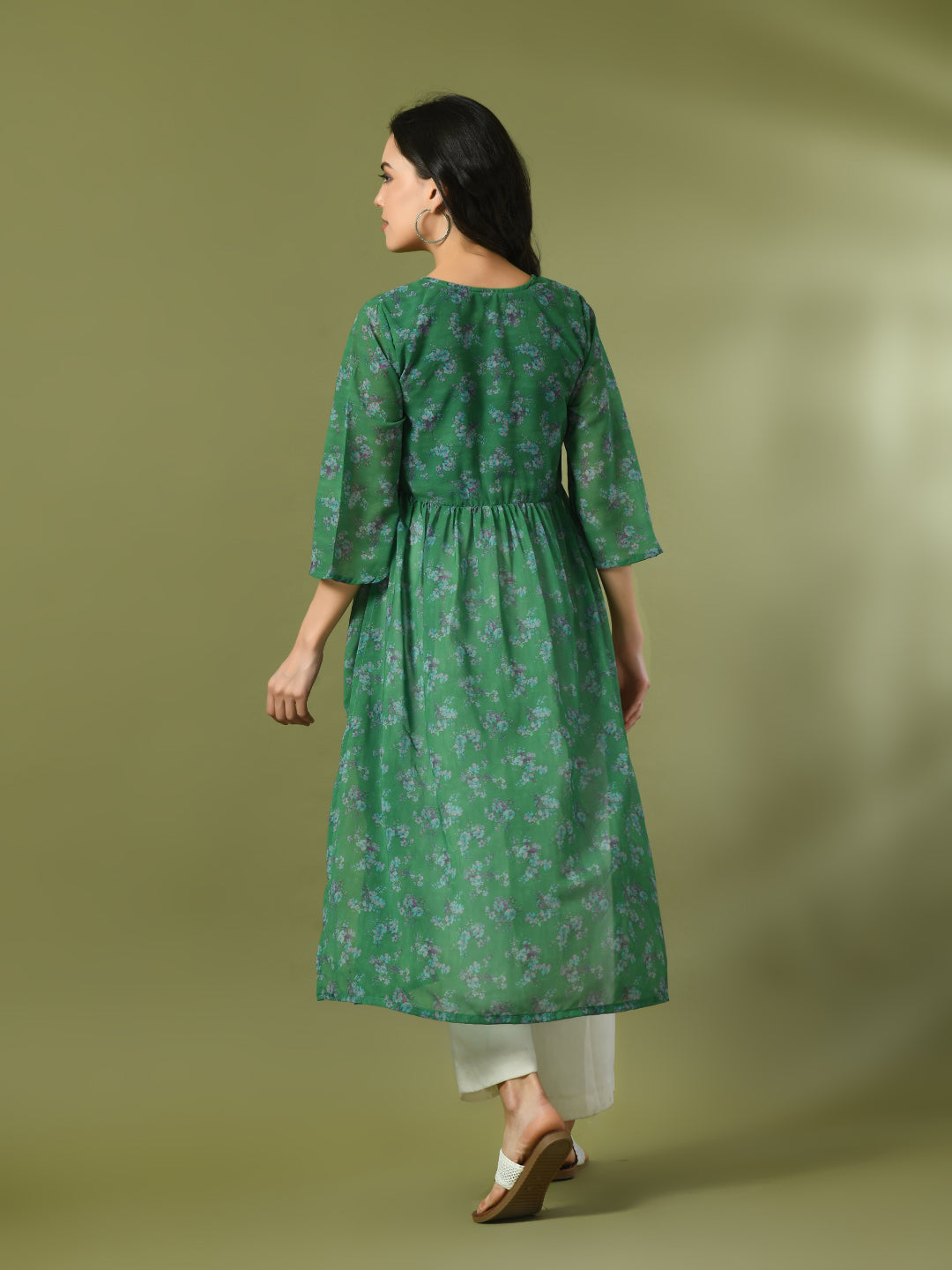 Women's  Green Printed Georgette A-Line Nyra-Cut Kurta