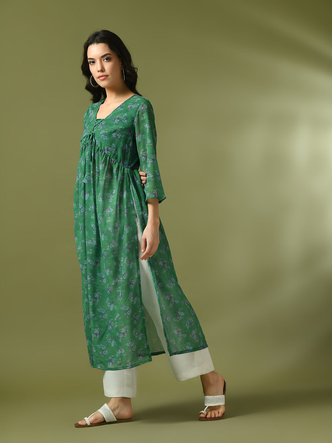 Women's  Green Printed Georgette A-Line Nyra-Cut Kurta