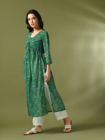 Women's  Green Printed Georgette A-Line Nyra-Cut Kurta