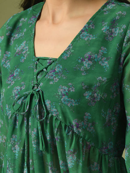 Women's  Green Printed Georgette A-Line Nyra-Cut Kurta
