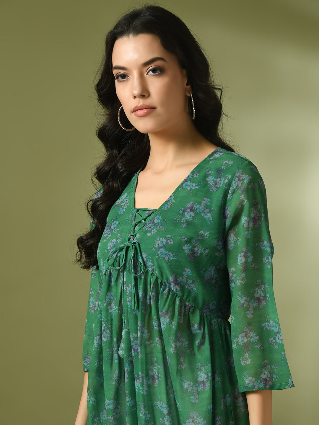 Women's  Green Printed Georgette A-Line Nyra-Cut Kurta
