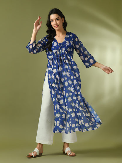 Women's  Blue Printed Georgette A-Line Nyra-Cut Kurta
