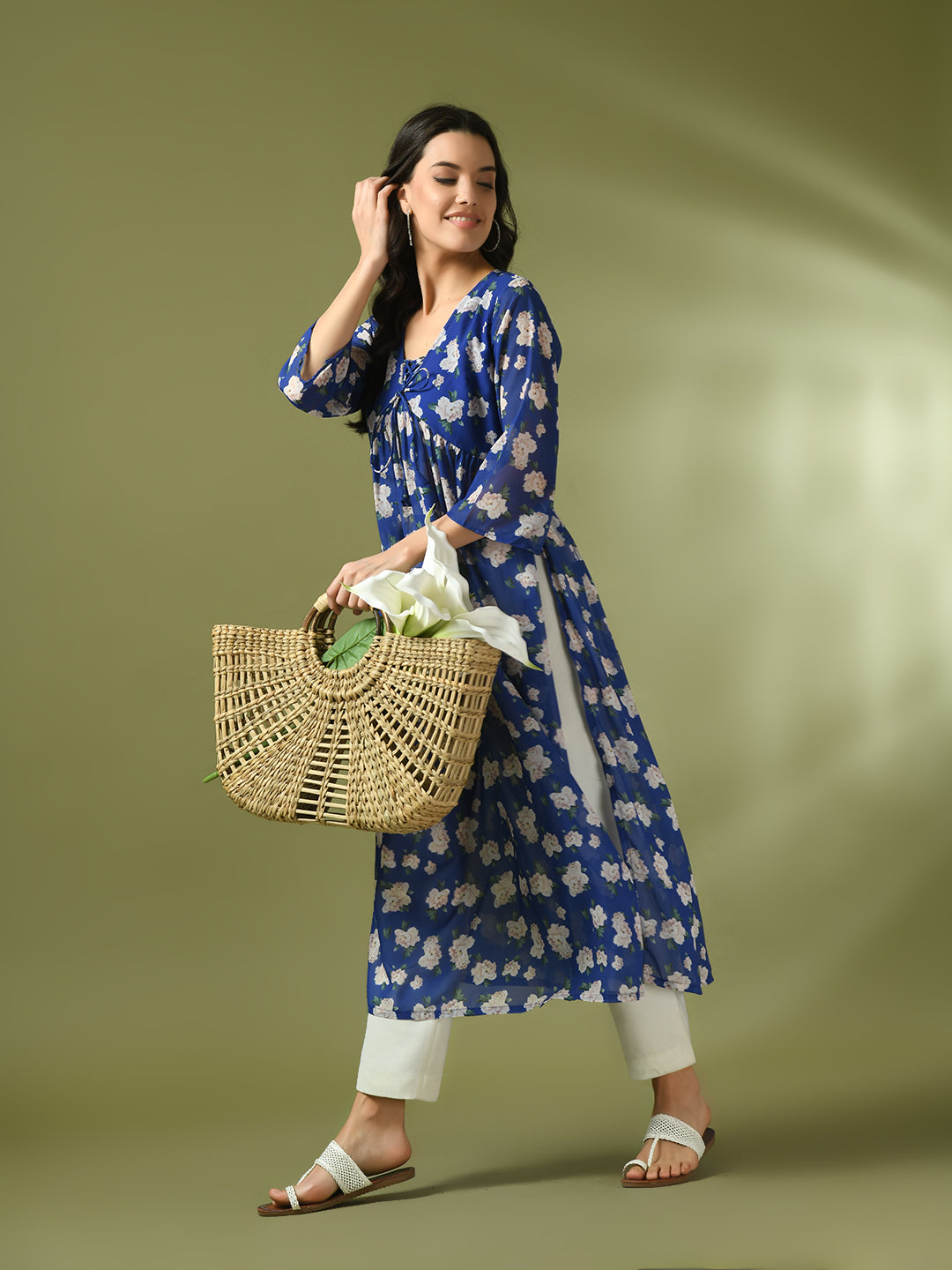 Women's  Blue Printed Georgette A-Line Nyra-Cut Kurta