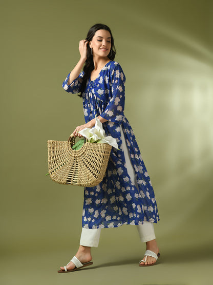 Women's  Blue Printed Georgette A-Line Nyra-Cut Kurta