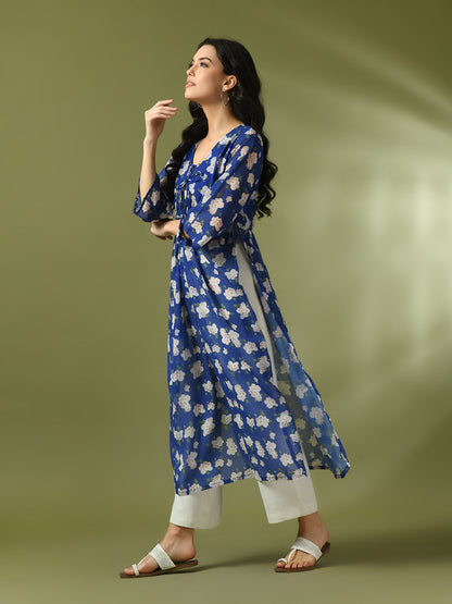 Women's  Blue Printed Georgette A-Line Nyra-Cut Kurta