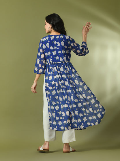 Women's  Blue Printed Georgette A-Line Nyra-Cut Kurta