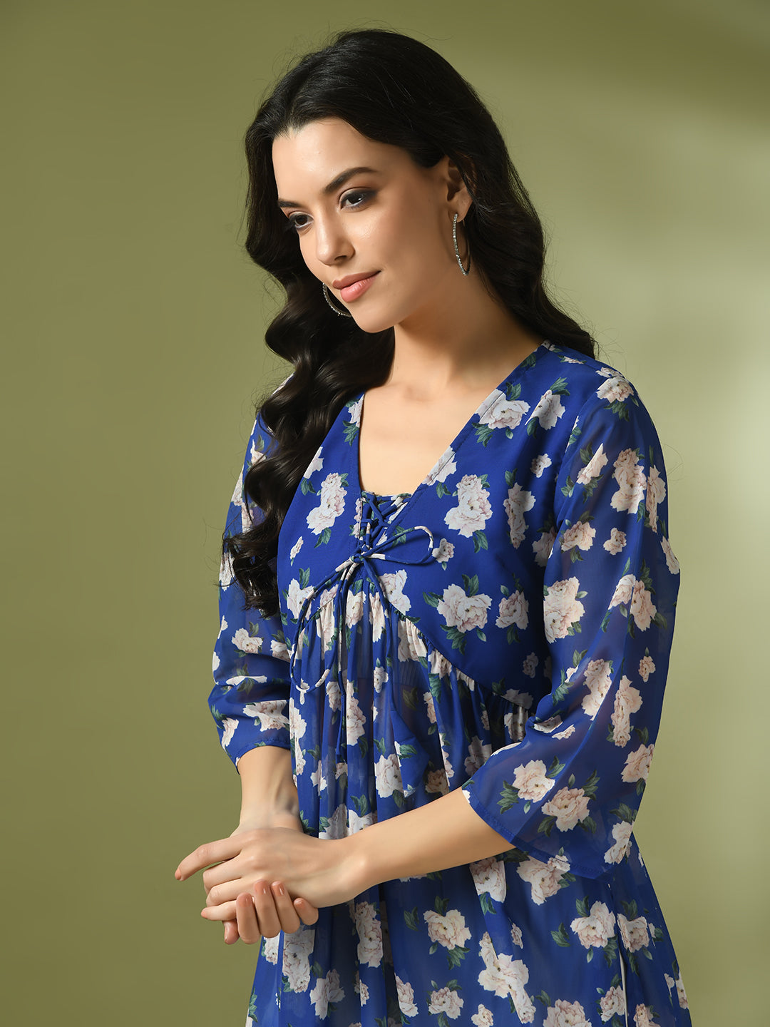 Women's  Blue Printed Georgette A-Line Nyra-Cut Kurta