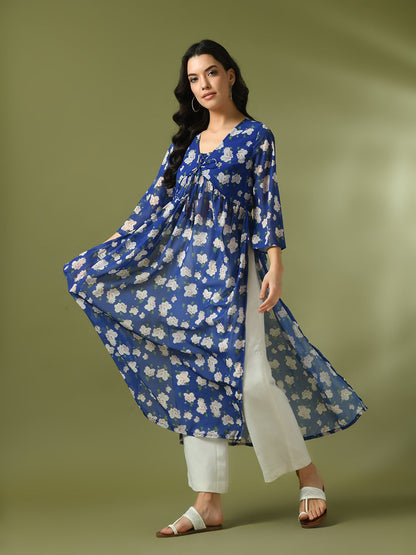 Women's  Blue Printed Georgette A-Line Nyra-Cut Kurta