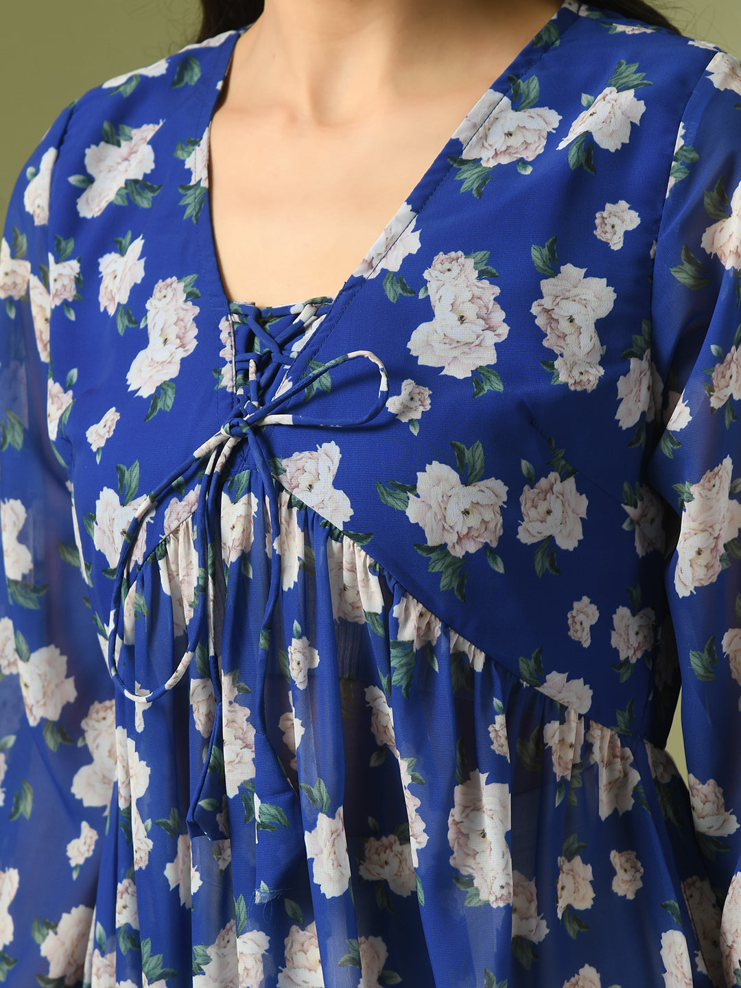 Women's  Blue Printed Georgette A-Line Nyra-Cut Kurta