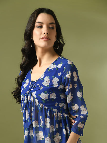 Women's  Blue Printed Georgette A-Line Nyra-Cut Kurta