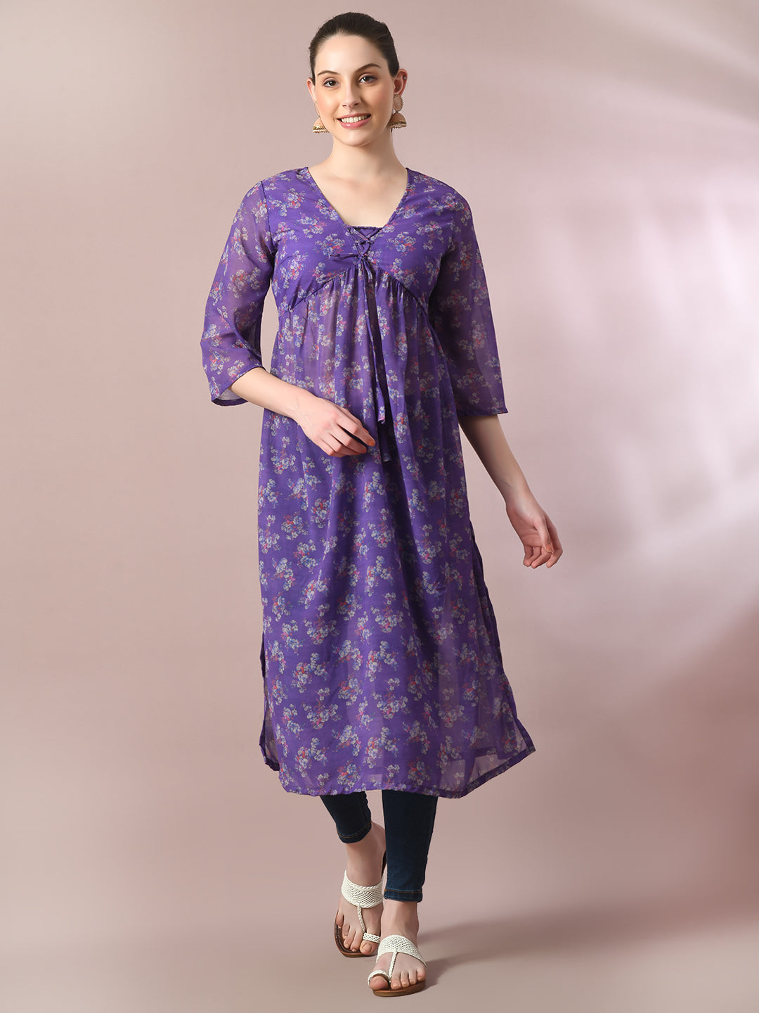 Women's  Purple Printed Georgette A-Line Nyra-Cut Kurta