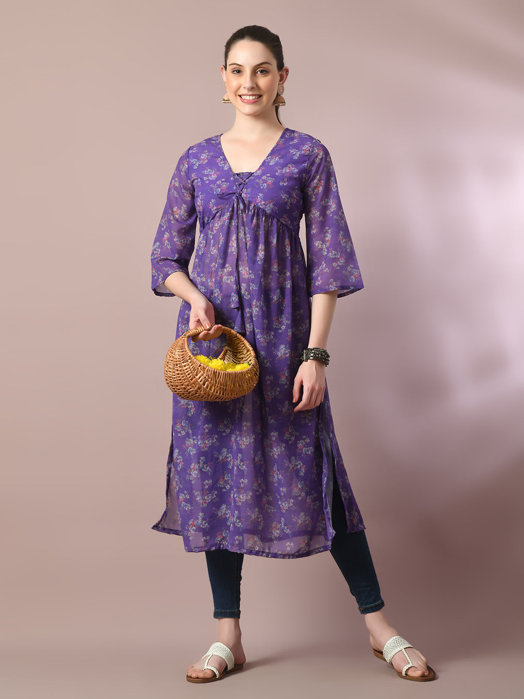 Women's  Purple Printed Georgette A-Line Nyra-Cut Kurta