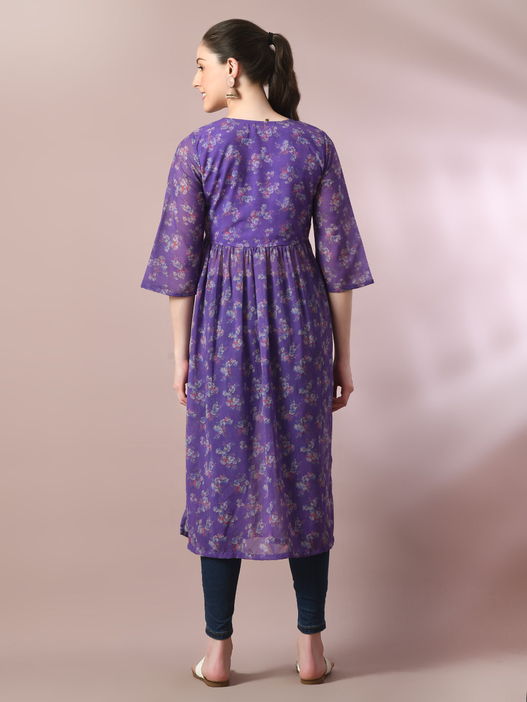 Women's  Purple Printed Georgette A-Line Nyra-Cut Kurta