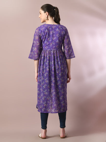 Women's  Purple Printed Georgette A-Line Nyra-Cut Kurta