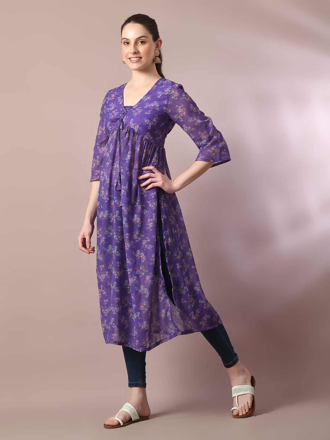 Women's  Purple Printed Georgette A-Line Nyra-Cut Kurta