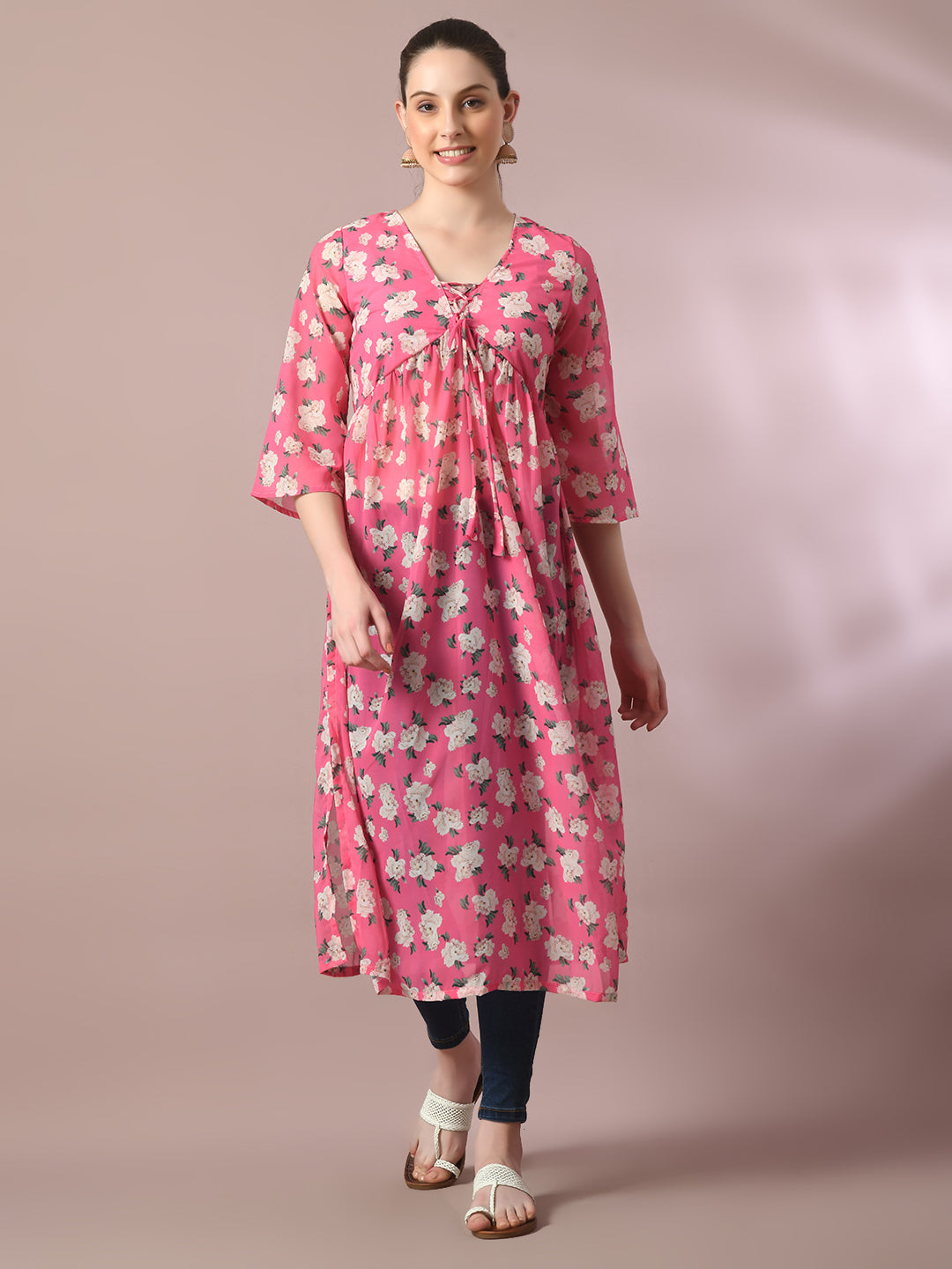 Women's  Pink Printed Georgette A-Line Nyra-Cut Kurta