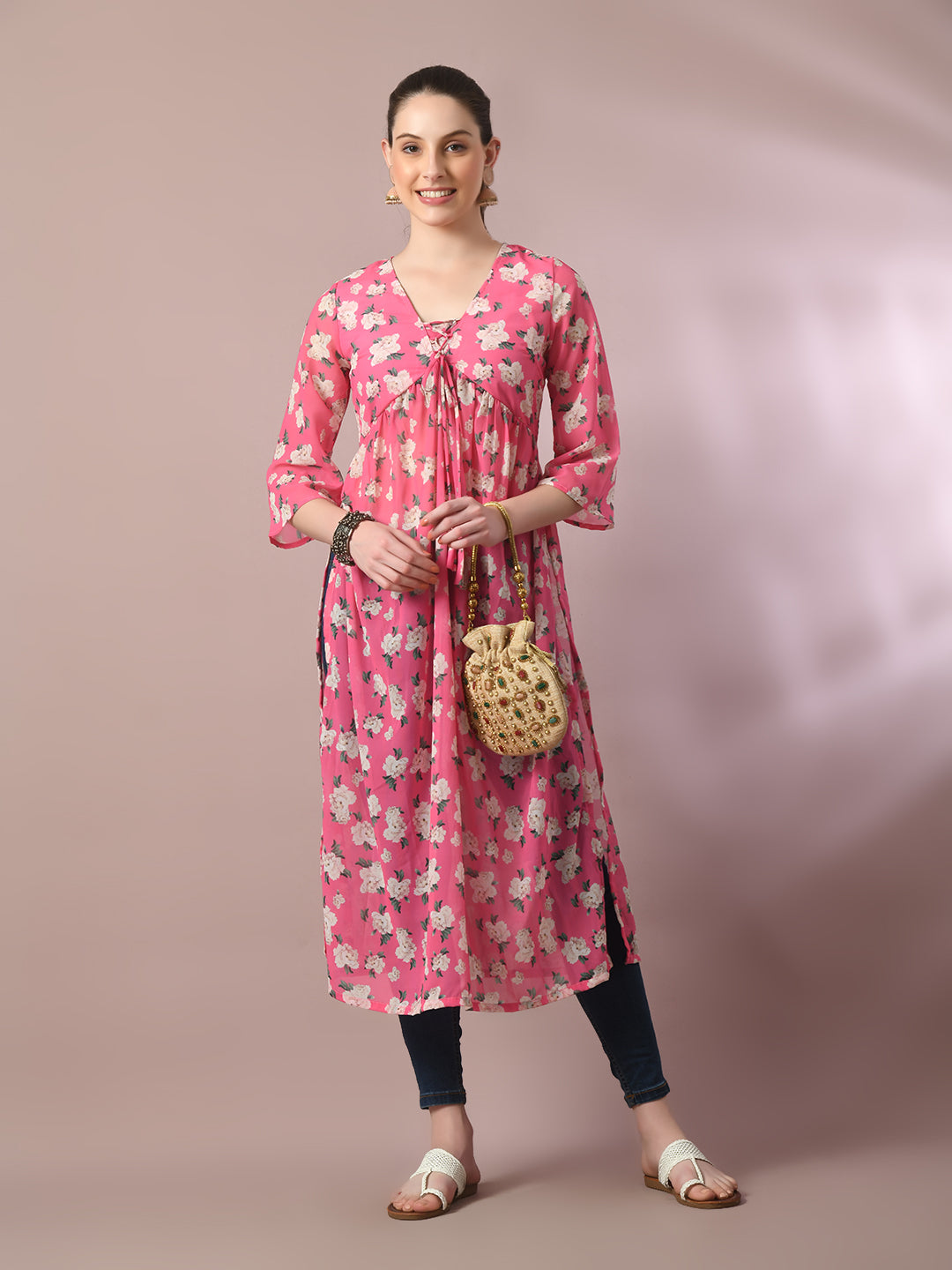Women's  Pink Printed Georgette A-Line Nyra-Cut Kurta