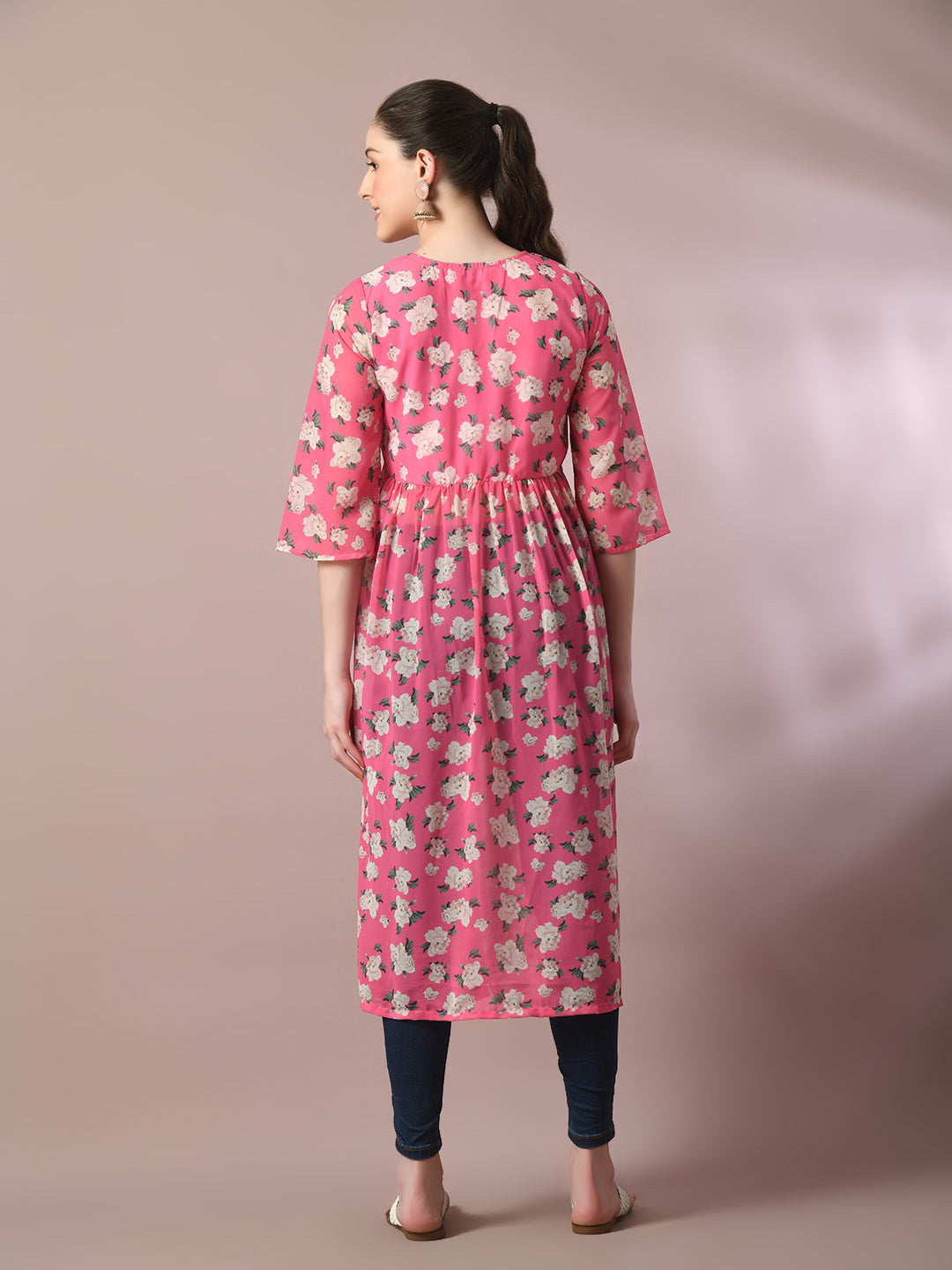 Women's  Pink Printed Georgette A-Line Nyra-Cut Kurta