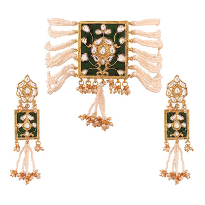 Women's gold plated traditiona padmavati pearl kundan necklace with earrings ml118bl
