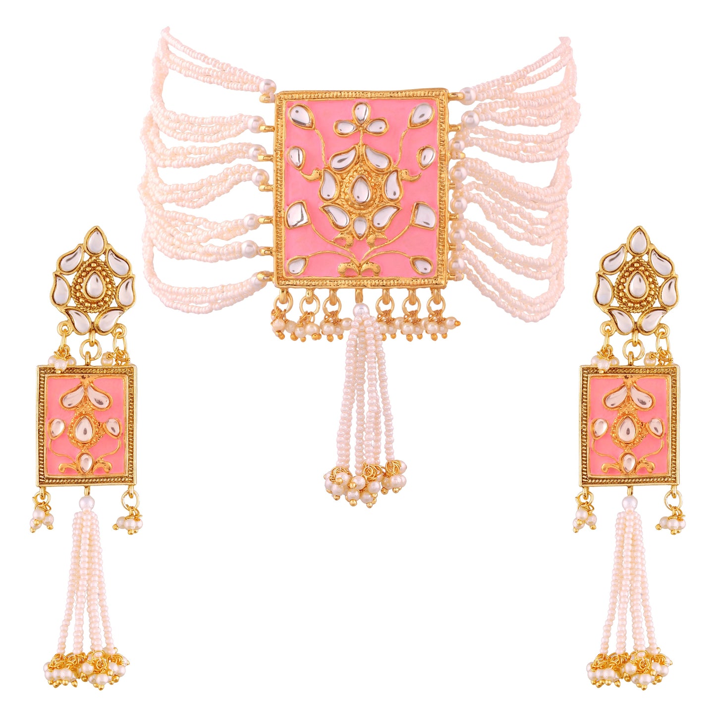 Women's gold plated traditiona padmavati pearl kundan necklace with earrings ml118bl