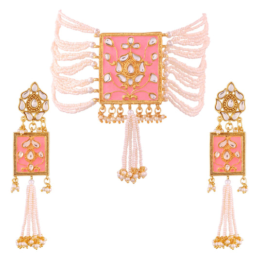 Women's gold plated traditiona padmavati pearl kundan necklace with earrings ml118bl