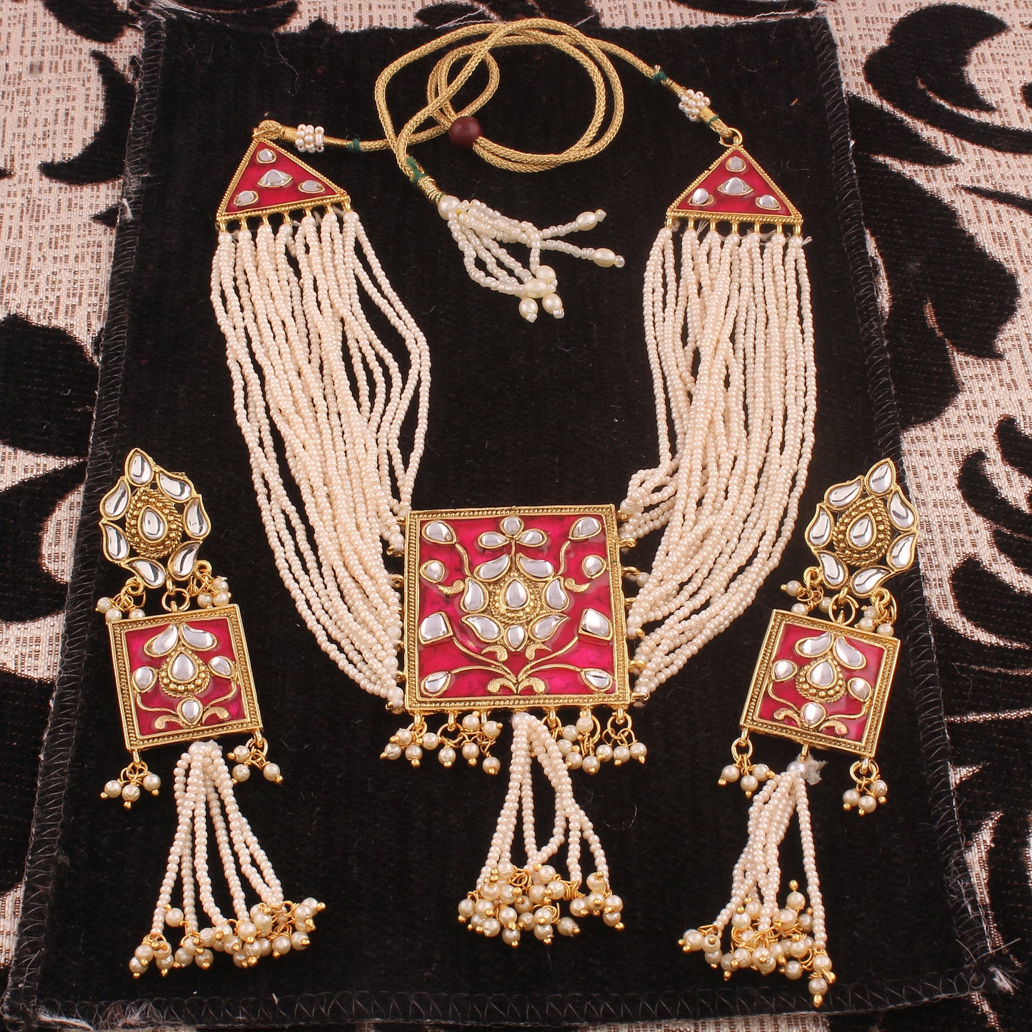 Women's gold plated traditiona padmavati pearl kundan necklace with earrings ml118bl