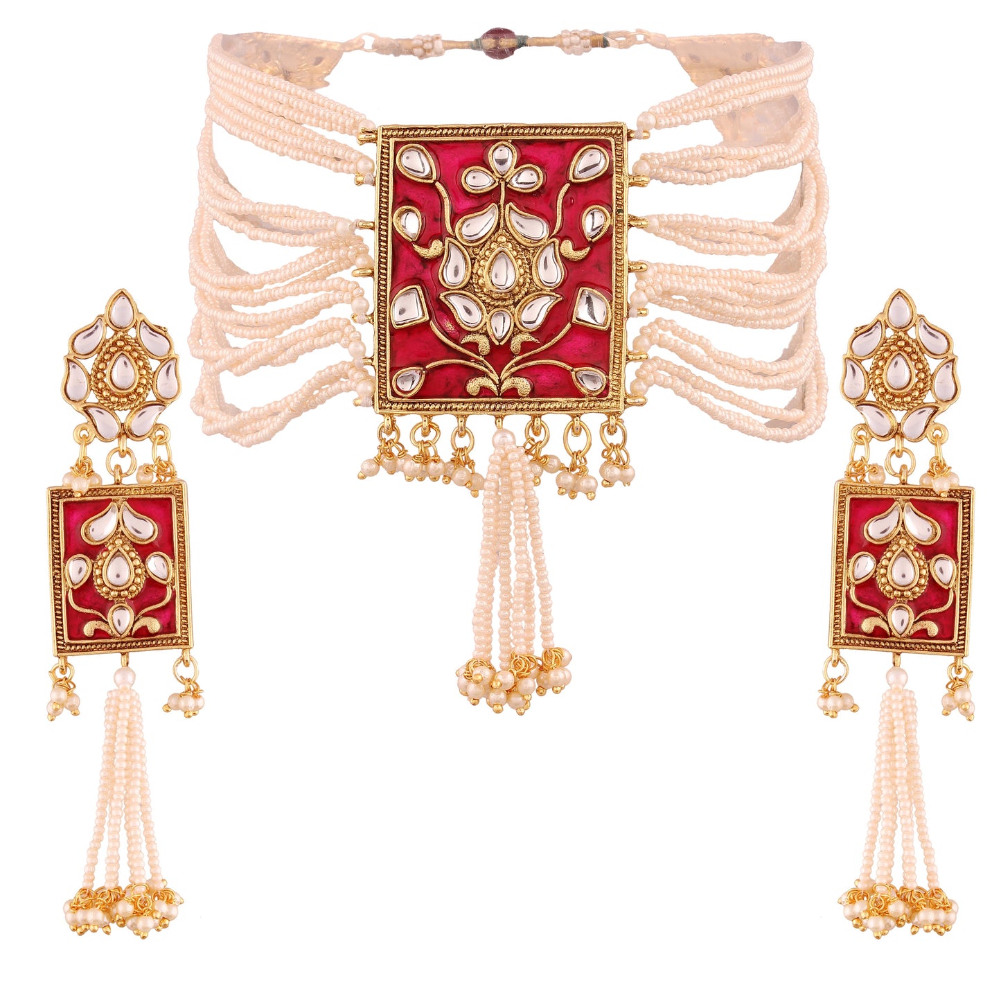 Women's gold plated traditiona padmavati pearl kundan necklace with earrings ml118bl