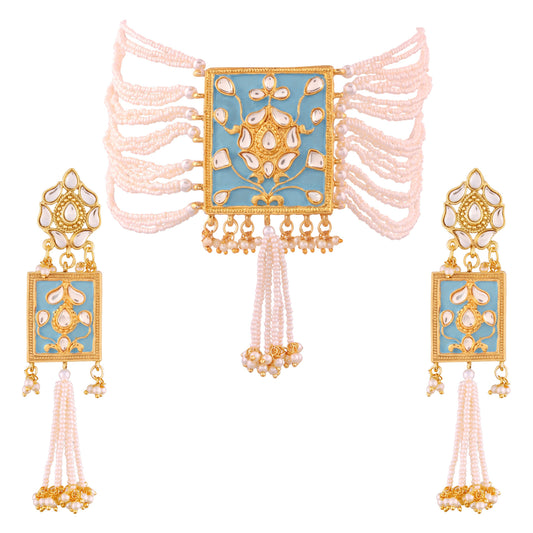 Women's gold plated traditiona padmavati pearl kundan necklace with earrings ml118bl