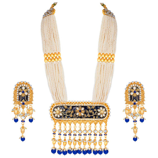 Women's traditional gold plated kundan pearl multi layered blue meena work longnecklace earrings set ml181bl
