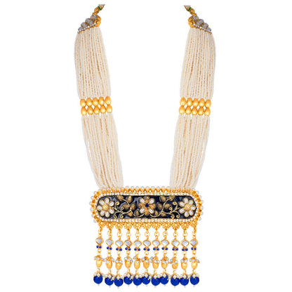 Women's traditional gold plated kundan pearl multi layered blue meena work longnecklace earrings set ml181bl
