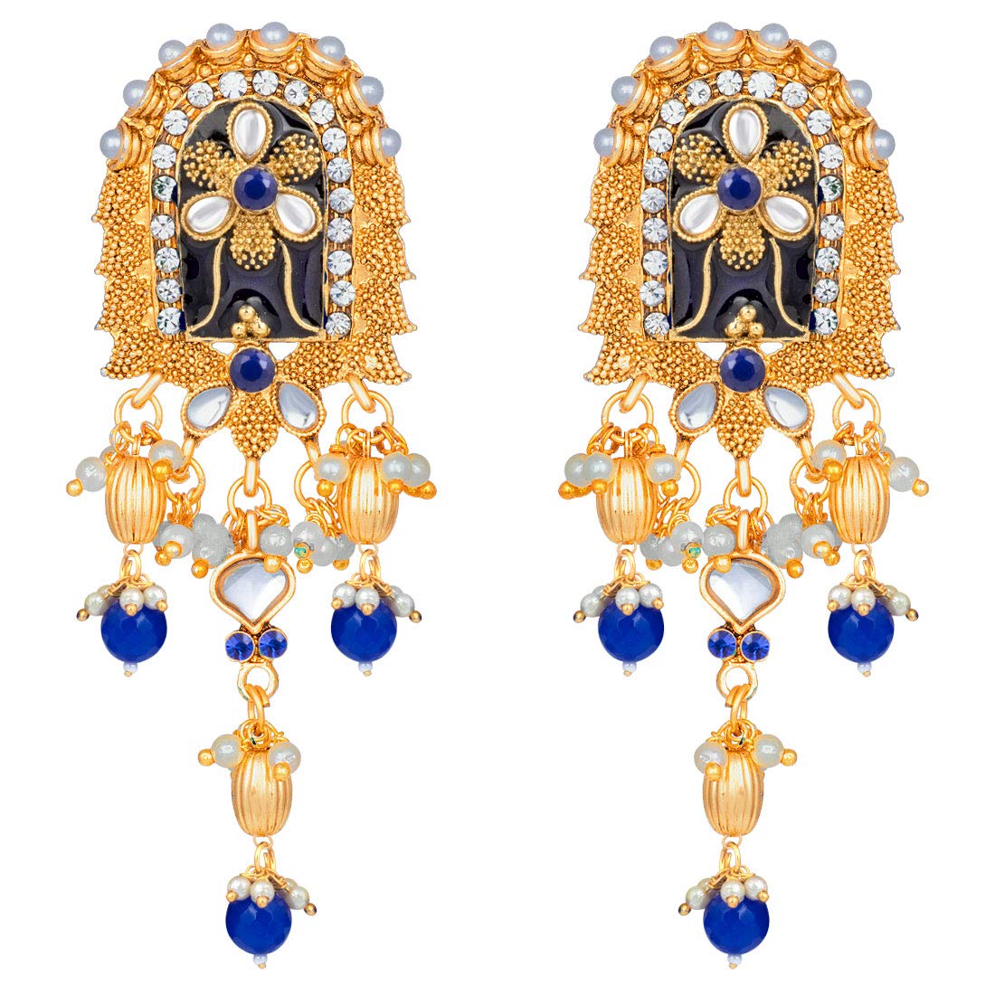 Women's traditional gold plated kundan pearl multi layered blue meena work longnecklace earrings set ml181bl