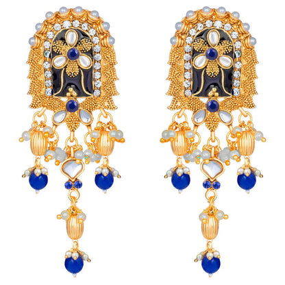 Women's traditional gold plated kundan pearl multi layered blue meena work longnecklace earrings set ml181bl