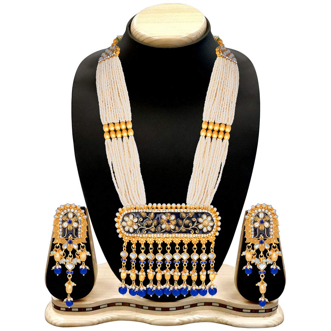 Women's traditional gold plated kundan pearl multi layered blue meena work longnecklace earrings set ml181bl