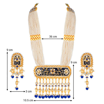 Women's traditional gold plated kundan pearl multi layered blue meena work longnecklace earrings set ml181bl