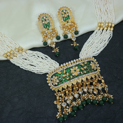 Women's traditional gold plated kundan pearl multi layered blue meena work longnecklace earrings set ml181bl