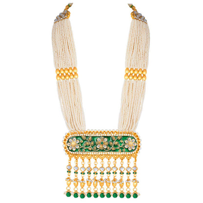 Women's traditional gold plated kundan pearl multi layered blue meena work longnecklace earrings set ml181bl