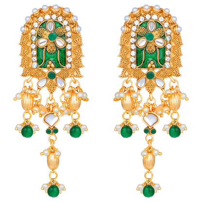 Women's traditional gold plated kundan pearl multi layered blue meena work longnecklace earrings set ml181bl