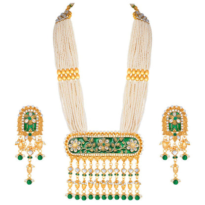 Women's traditional gold plated kundan pearl multi layered blue meena work longnecklace earrings set ml181bl