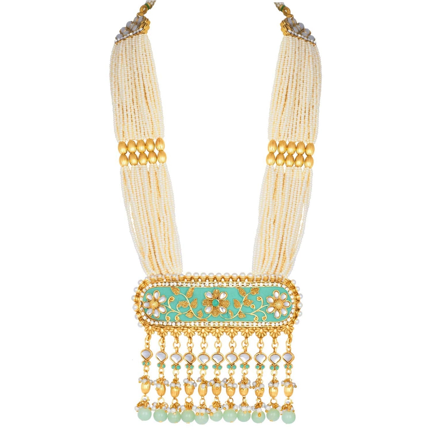 Women's traditional gold plated kundan pearl multi layered blue meena work longnecklace earrings set ml181bl